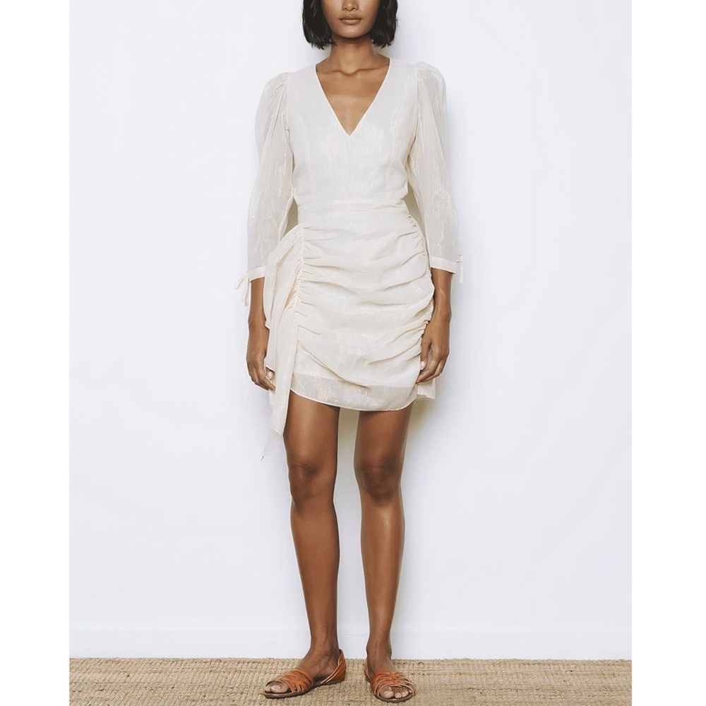 NWT RHODE Mini White & Gold Puff-Sleeve Ruched Piper Dress